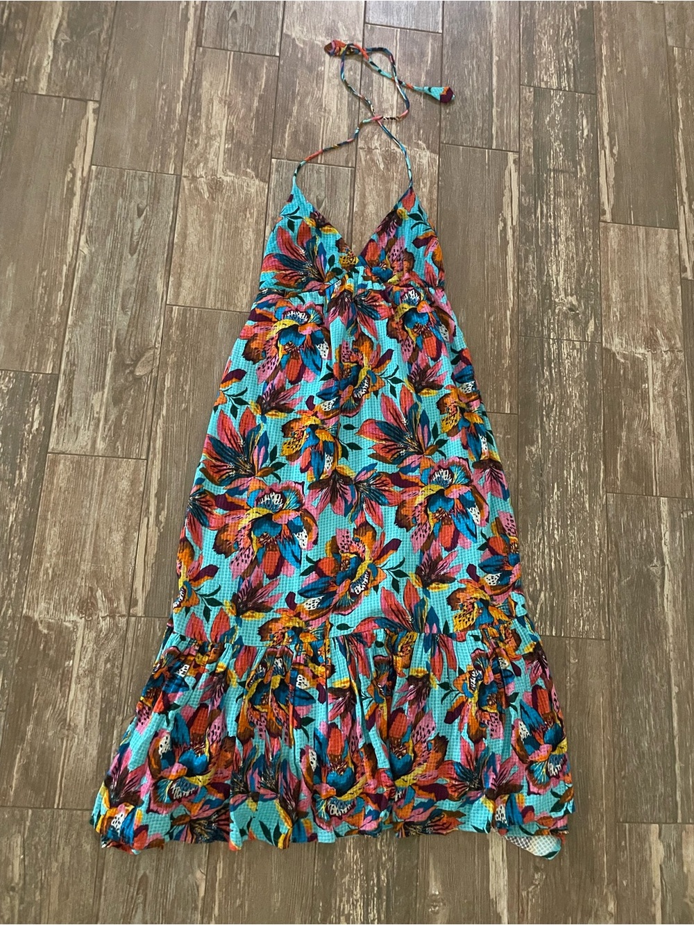 Turquoise Floral Halter Maxi Dress with Ruffle Hem